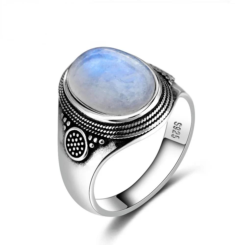 Natural Tiger Eye Moonstone Ring for Women S925 Silver Jewelry 10x14MM Large Turquoise Lapis Retro Wedding Party Ring