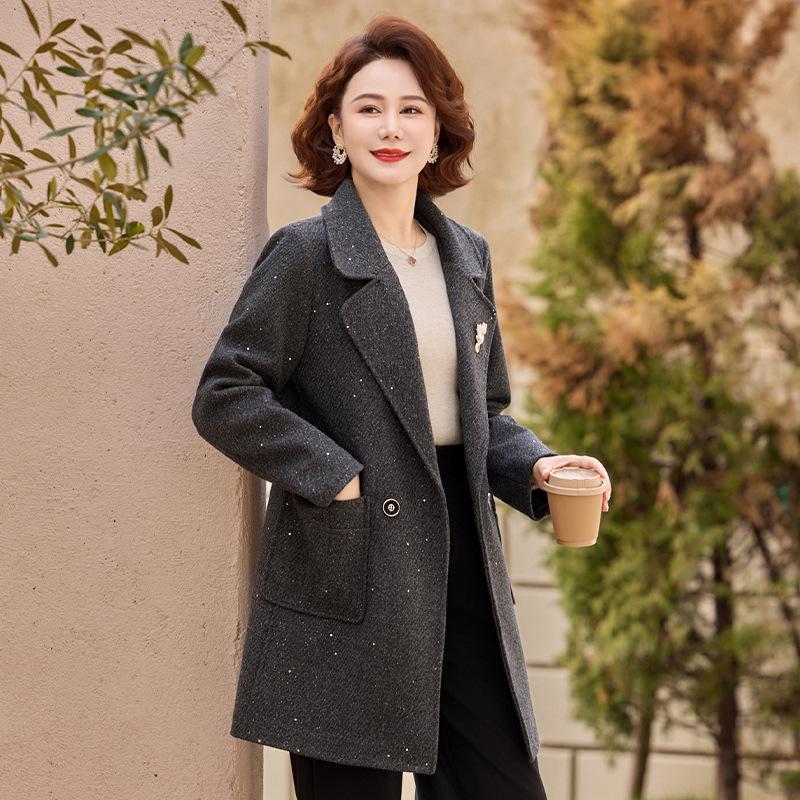 

2026 New Woolen Women s Mid-Length Jacket for Middle-Aged & Elderly - Spring & Autumn Outerwear 4XL (125-140 lbs)