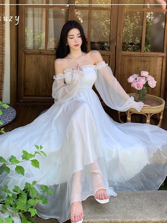 2026 Sanya Beach Resort Dress, White Chiffon, Large Hem, Extra Long, High-End Feel