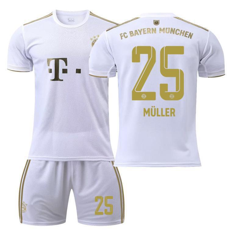 2223 Bayern Away White Nr. 17 Mane 4 Dericht 25 Muller Trikot Fußball Uniform Set Sportbekleidung