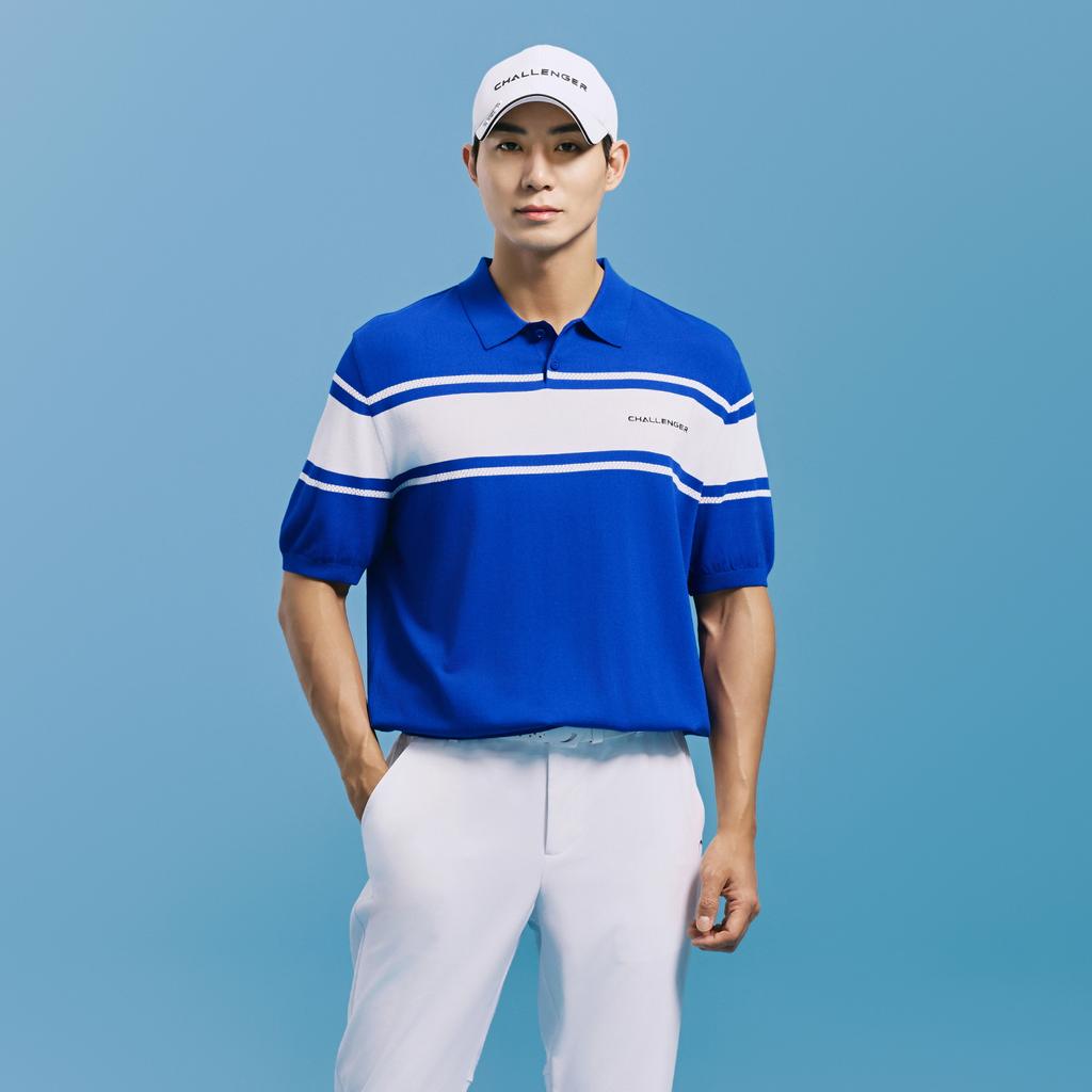 CHALLENGER Men'S Color Block Striped Collared Knit Pullover Blue