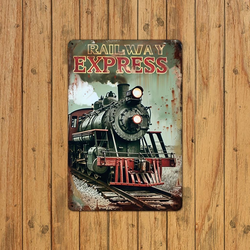 Creative Vintage Train Metal Tin Sign, Iron Scratchboard Railway Express Wall Art, Retro Hanging Decor for Indoor/Outdoor, Home,