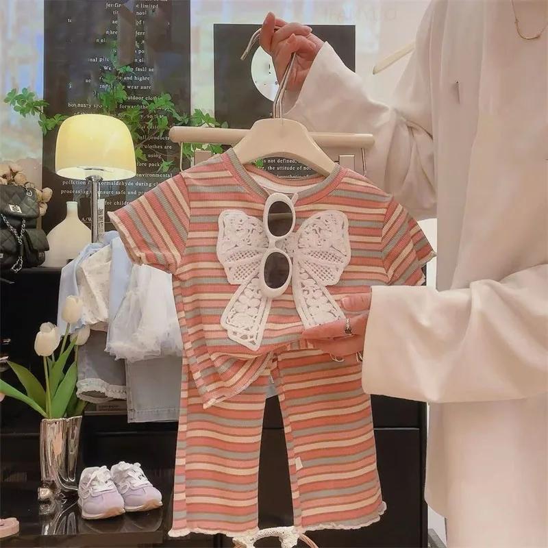 2Pcs Kids Clothing Sweet Colorful Strip Short Sleeve Two-Piece Set Baby Children Girls Casual Cotton Outfits Cardigan+Long Pant