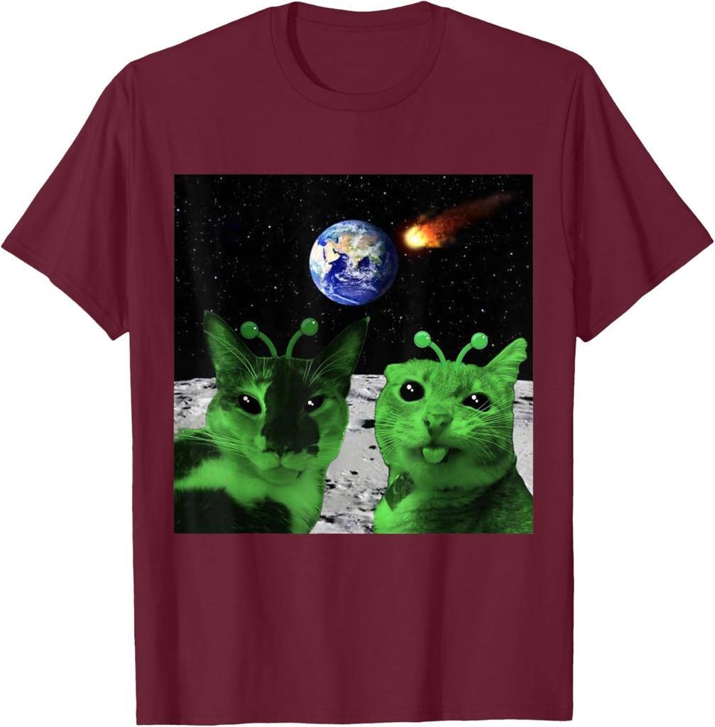 Alien Cats Moon Meteor Earth Invasion Graphic Tee Men's Casual Cotton T-Shirt