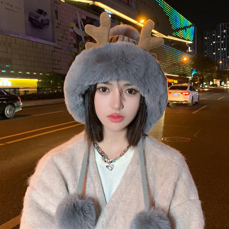 Căciulă de pluș cu coarne de cerb coreeană pentru femei - Ediție de Crăciun, Tricot gros și călduros pentru toamnă/iarnă, Stil dulce japonez