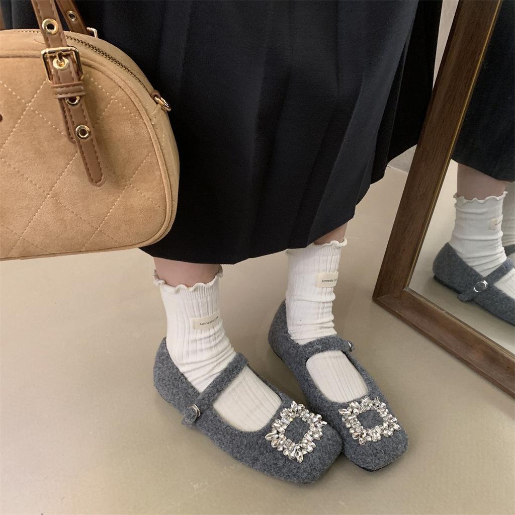 Evening Xiaoxiangfeng Square Diamond Word with Gray Velvet Small Single Shoes Soft Sole Warm Fluffy Mary Jane Cotton Shoes