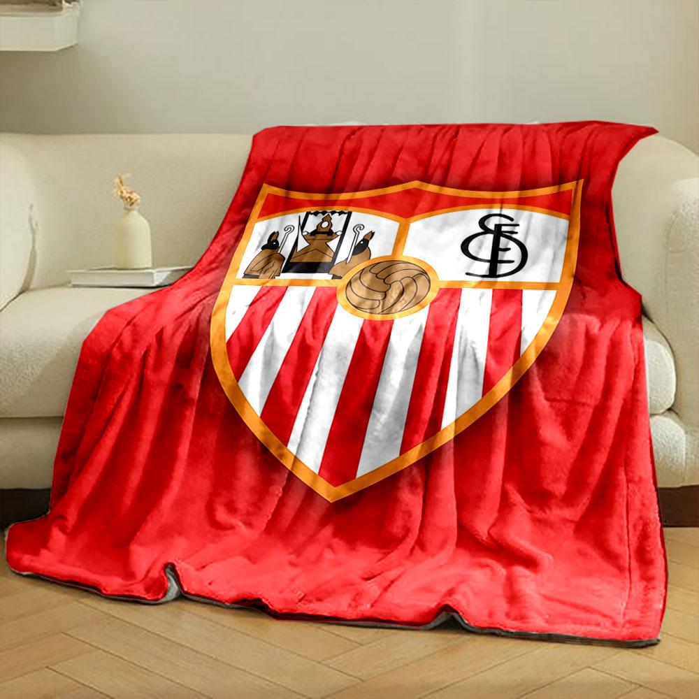 A shield with red and white stripes, icons, a football, and "SFC" initials. for all seasons blanket lunch break throw gift