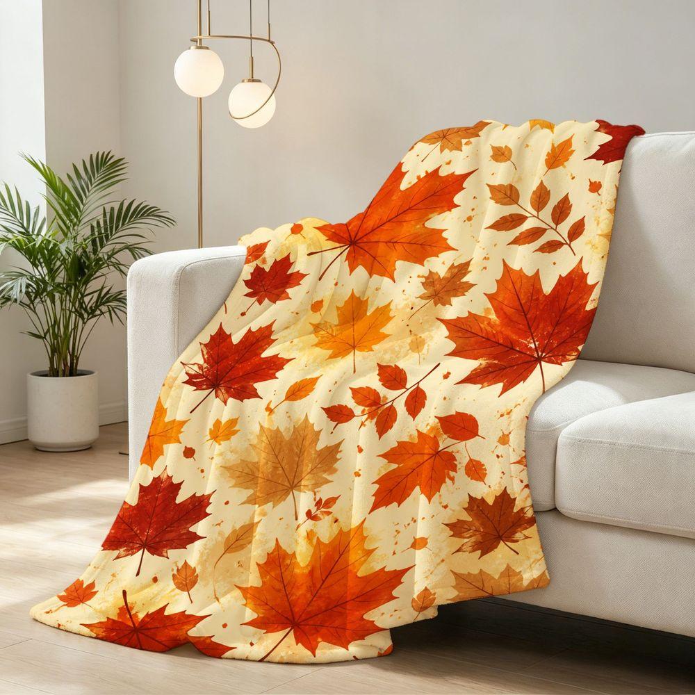 Autumn Maple Leaf Print Flannel Throw Blanket Super Soft Warm Blanket for Sofa Bed Fall Season Home Decor Gift
