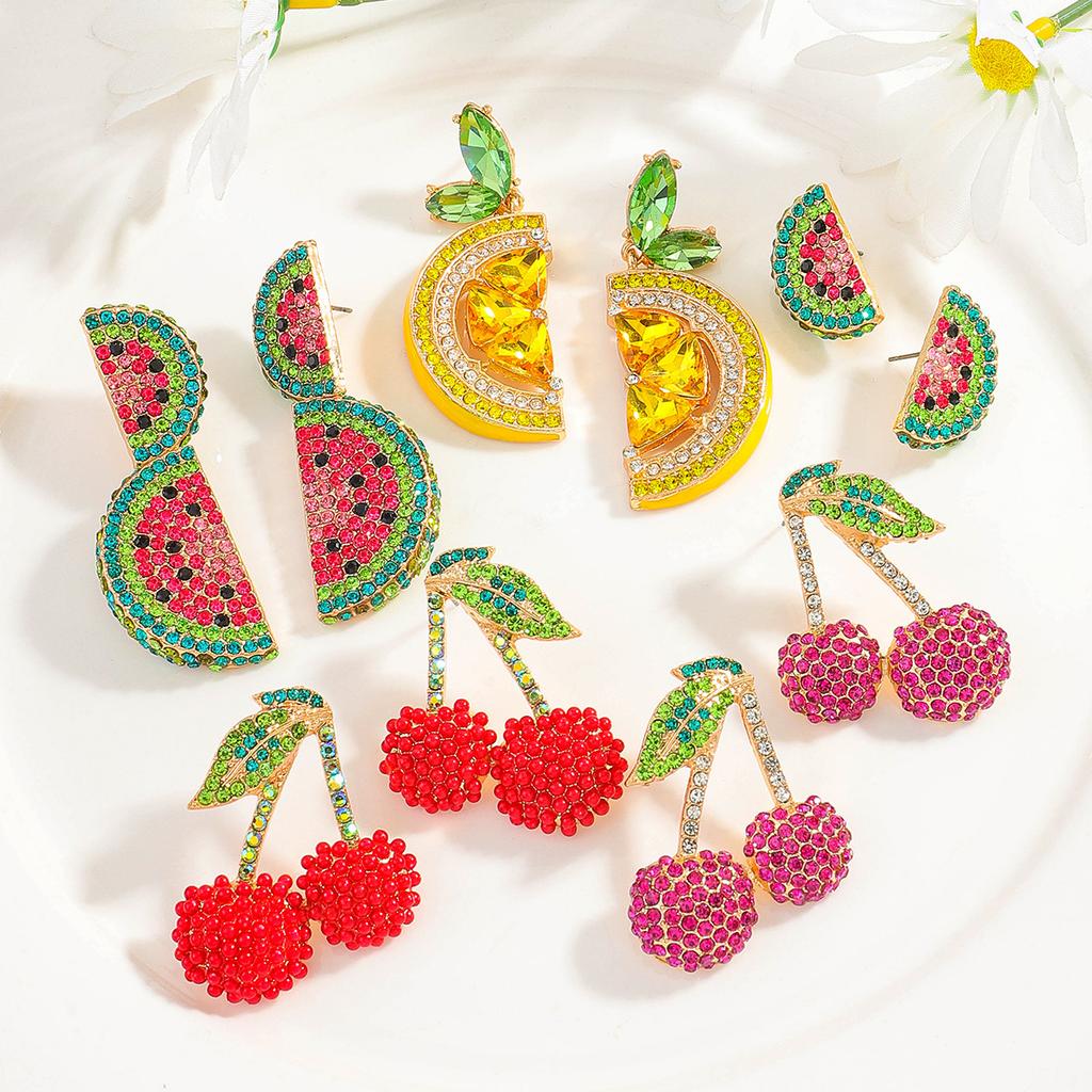 Creative fruit set diamond stud earrings cherry lemon watermelon shape earrings exaggerated fashion earrings
