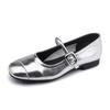 Grape mother 4cm inner height increase, light mouth silver small leather shoes flat sole soft sole Mary Jane single shoes women's outer wear advance