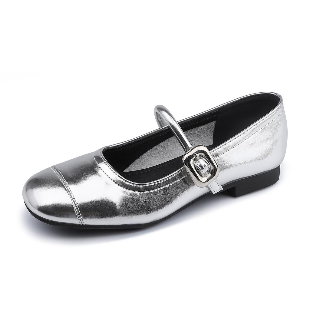 Grape mother 4cm inner height increase, light mouth silver small leather shoes flat sole soft sole Mary Jane single shoes women's outer wear advance