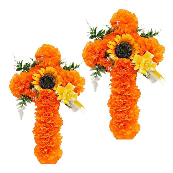 Fake Sunflower Decoration 2Pcs Dia De Los Muertos Artificial Flower, Marigold Cross Wall Decor for Day Of The Dead Floral Wreath of Halloween