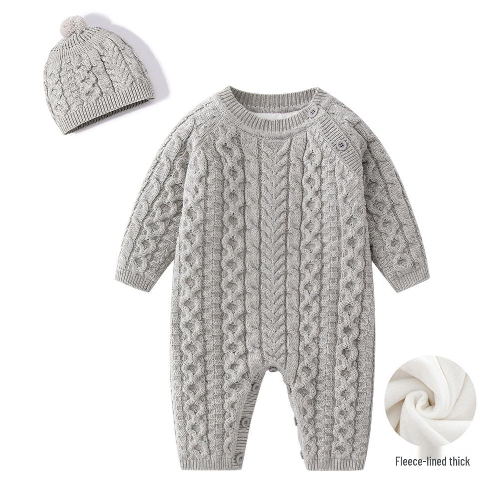 Wool Knitted Baby Onesie with Fleece Lining - Winter Crawling Suit for 100-Day or First Birthday
