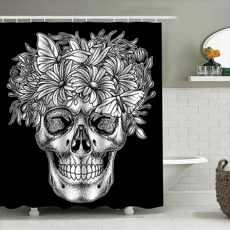 

Tuniu Skull Floral Shower Curtain Decorative Black And White Skeleton Head Print For Bathroom Decor W60H190(CM)-1 Pcs