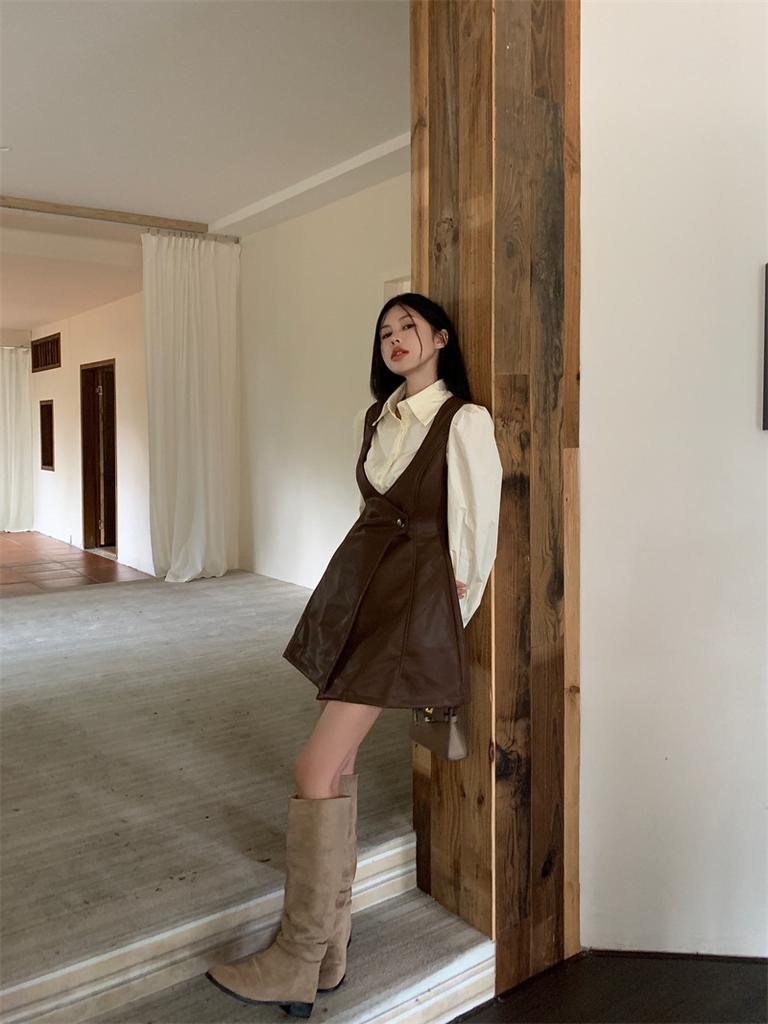 French Retro British Style Two-piece Set Autumn New Fashion Versatile Shirt Top Vest Dress