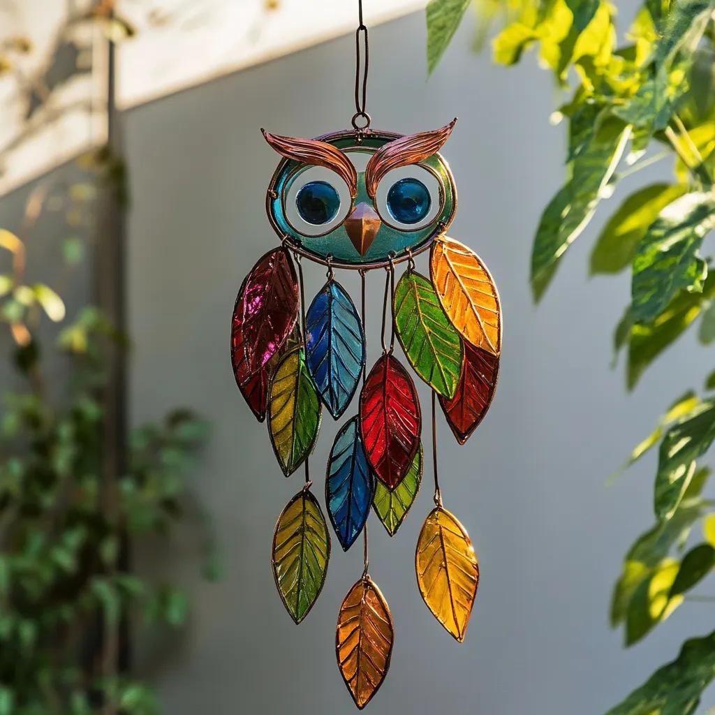 

1PC Stained Owl Hangings Colorful Owl Sun Catcher Scene Pendant Home Living Room Decorations A