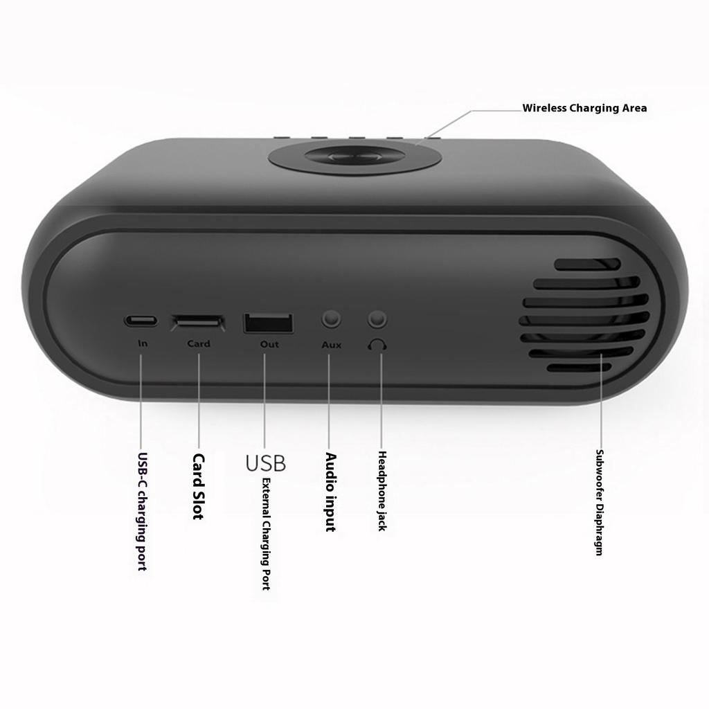 Portable Bluetooth-compatible Loudspeaker Sound Box Subwoofer Mini Home Theater Player Wireless Charging Adapter Digital Clock Alarm