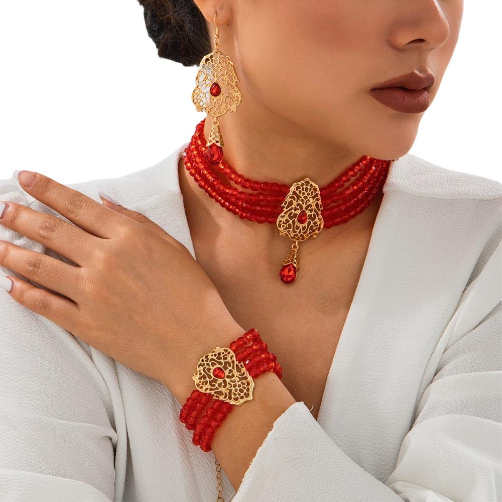 Multilayer Pearl Beaded Bracelet Shiny Necklace Earring Set Temperament Bridal Jewelry Set  Lady