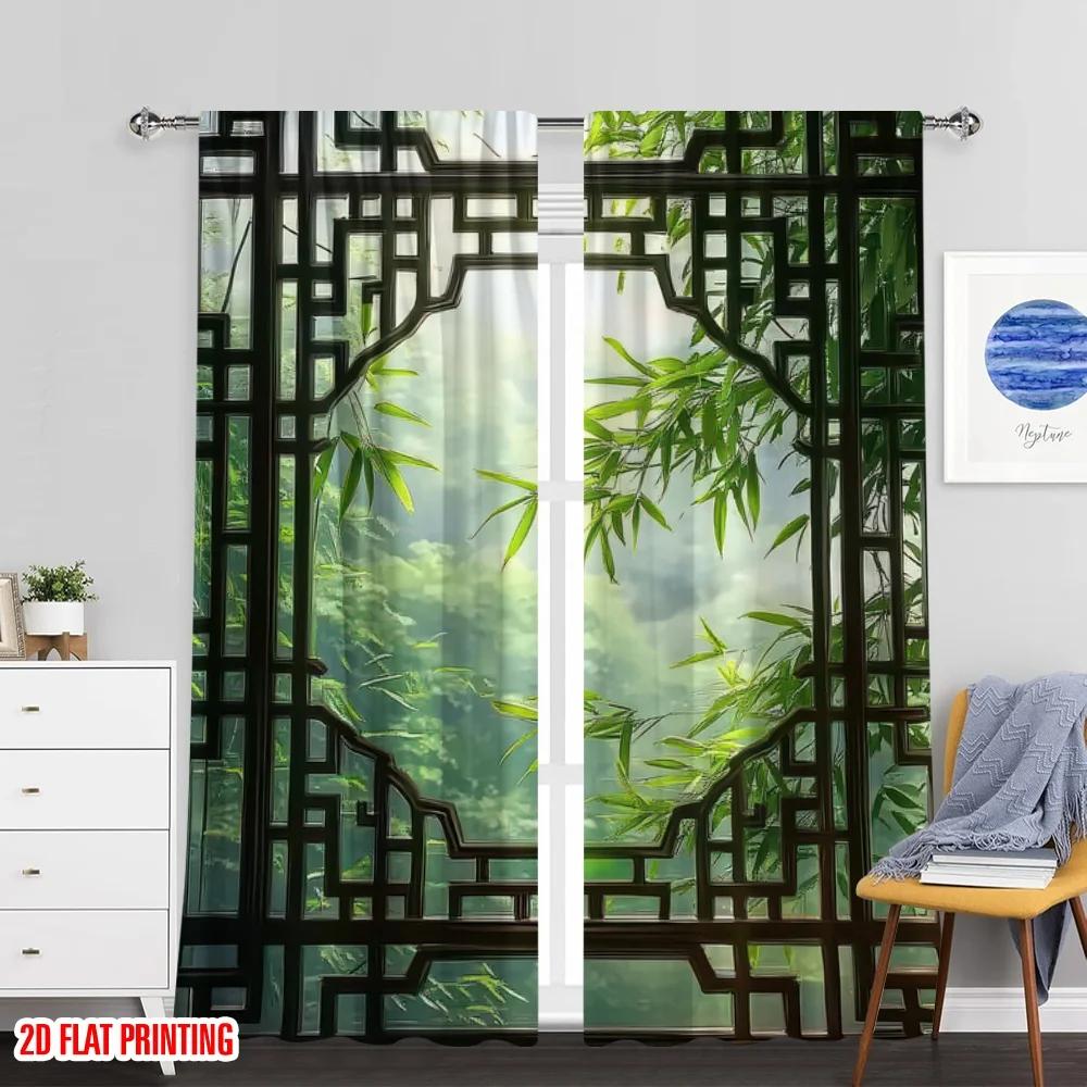 2pcs 2D Flat Printing Summer Window Curtains Bamboo Leaves Blackout Polyester Festive Holiday Applies To Home Daily Decor
