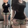 waist and shoulder V-neck short-sleeved slim-fitting and thin T-shirt, summer new pure lust Spice Girl sexy niche top