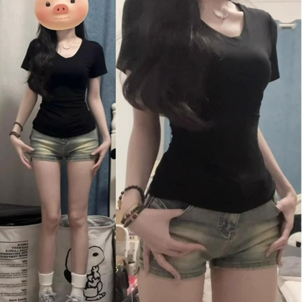 waist and shoulder V-neck short-sleeved slim-fitting and thin T-shirt, summer new pure lust Spice Girl sexy niche top