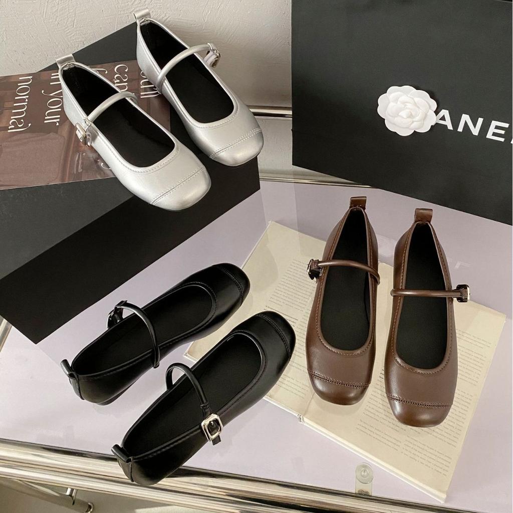 2025 spring new flat-soled single shoes women's round head light mouth one-word buckle Mary Jane shoes silver women's shoes