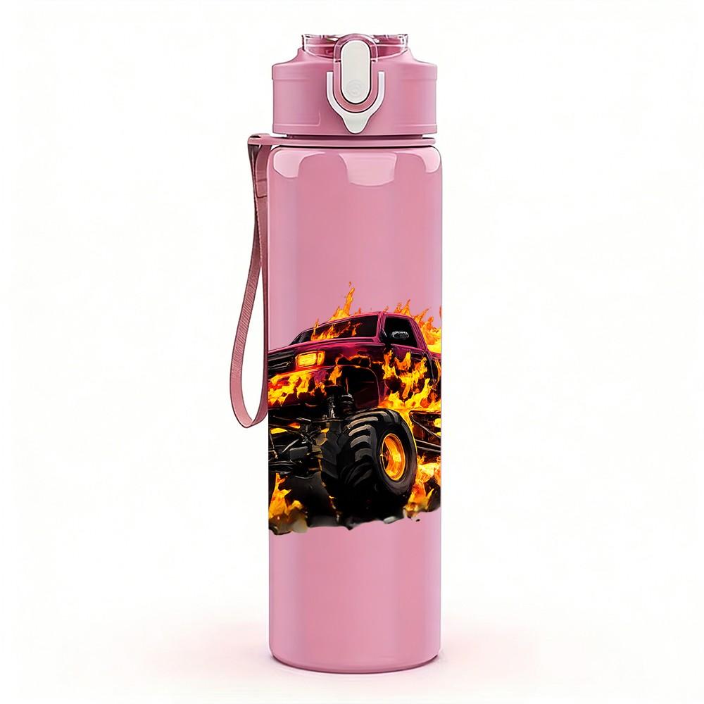 1PC Burning Fire Monster Truck Print 750ml Color Plastic Sports Water Bottle Leakproof Flip Straw Lid Suitable for Sports Office Home Use