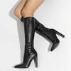 Autumn Winter Soft Leather Square High Heels Women Knee-High Boots Punk Style Pointed Toe Wedding Party Shoes