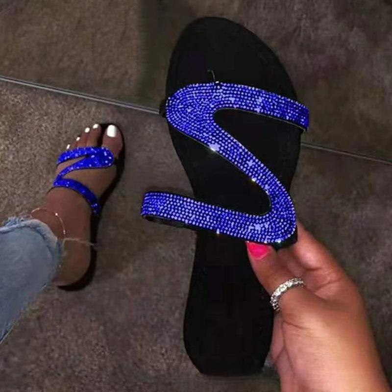 Damen Sandalen Sommer Strand Flacher Mund Strasssteine Mode Rom Damen Party Bequemer Leichter Schuh