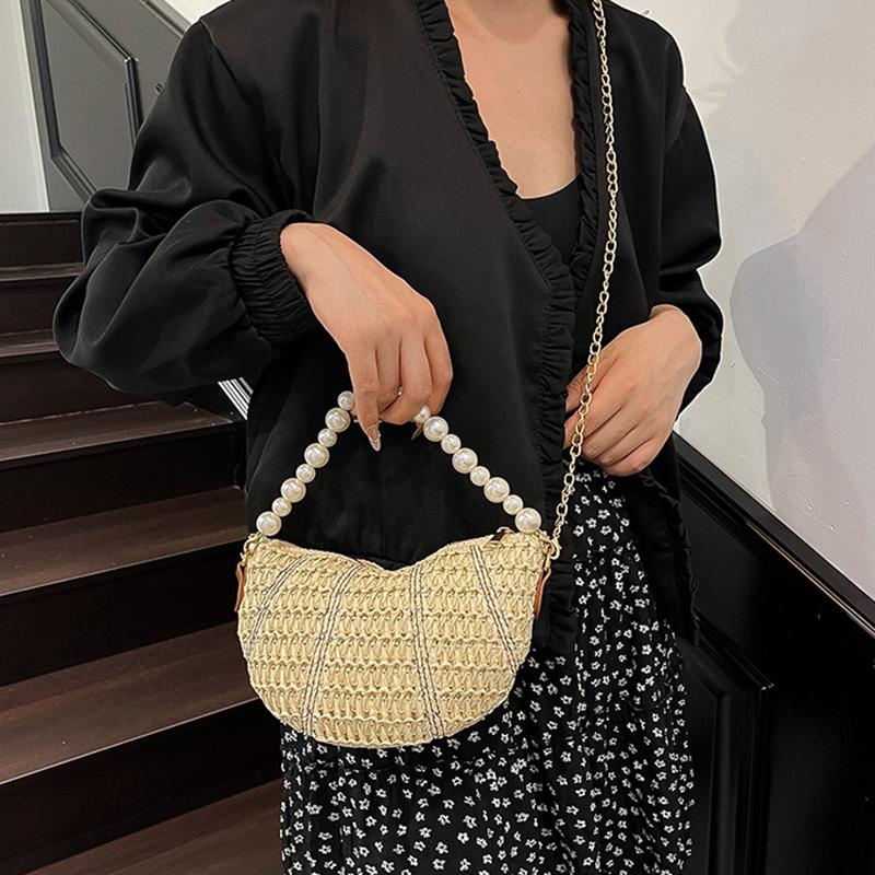 Spring New Casual Straw Woven Beading Shoulder Bags High Quality Personality Fashion Portable Crossbody Bags for Women