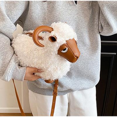Lamb Shaped Plush Crossbody Bag Fluffy Curly Fur Texture With Faux Leather Details Kawaii Cartoon Style Women Cute Shoulder Bag