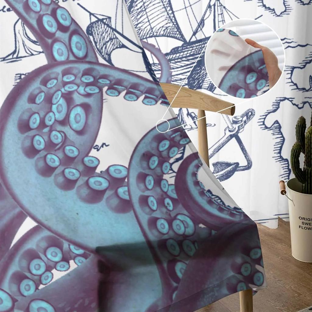 Carta de navegação de navio pirata Tentáculos de polvo Cortinas de quarto Cortina de tule transparente Sala de estar Decoração de casa Cortinas de voile