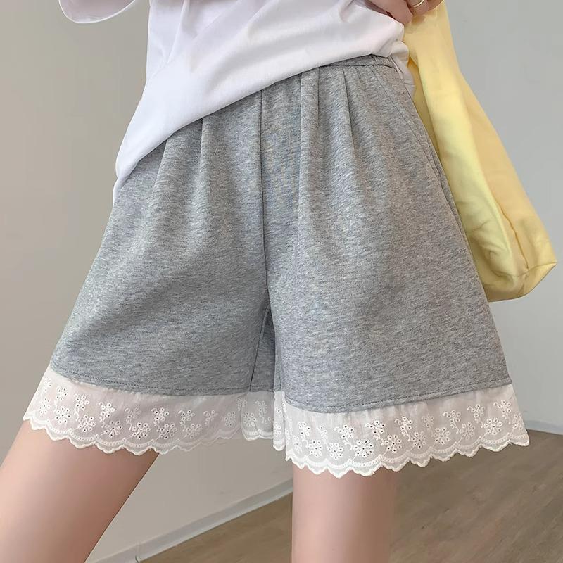 2025 Women's Gray Lace-Trim High Waist Wide-Leg Summer Shorts