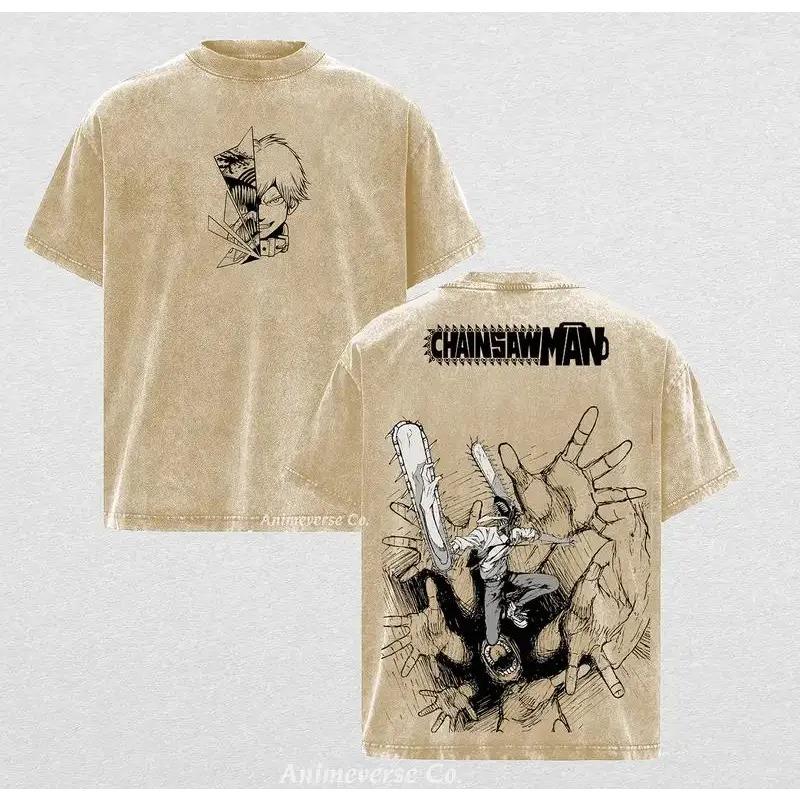 Denji Pochita Chainsaw Man Anime Clothing Men Women T-shirts Vintage Washed T Shirt Oversized Cotton Tshirt Harajuku Casual Tops