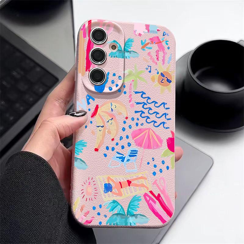 Cartoon Vacation Painting Case For Samsung Galaxy S26 Ultra S25 Edge S24 S23 S22 Plus S21 FE Leather Texture Silicone Cover