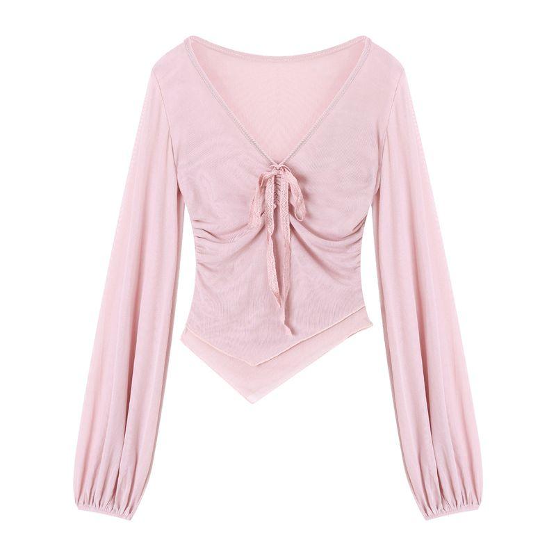 Adult Lady like Woman Style Suit Asymmetrical Lace-up Long Sleeve T-shirt Women's Autumn Hip Lace Skirt Skirt Two-piece Set