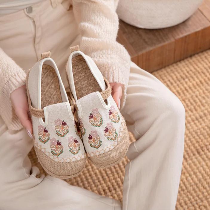 Johnature Pantofi din Pânză Brodați în Stil Etnic, Handmade, din Bumbac și In, cu Talpă Moale, Respirabili, Pantofi Plați de Damă