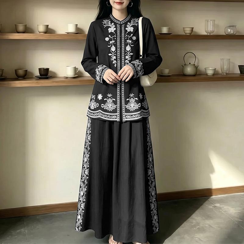 ZANZEA Women Ethnic Print Casual Long Sleeve Blouse and Long Skirts Two Piece Suit Set