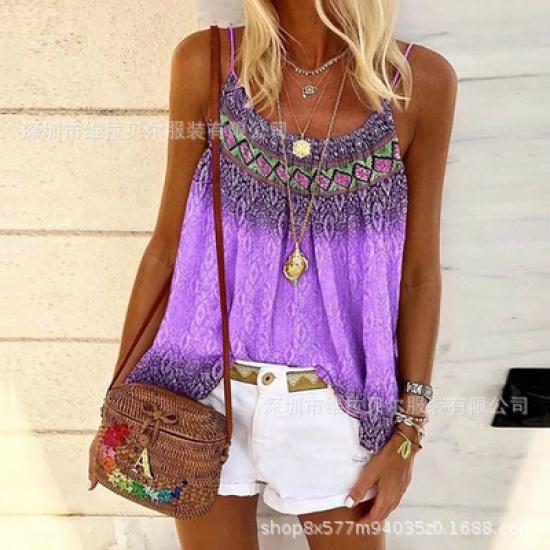 2026 Summer Loose Casual Round Neck Strap Hand-Painted Positional Print Women's Tank Top T-Shirt