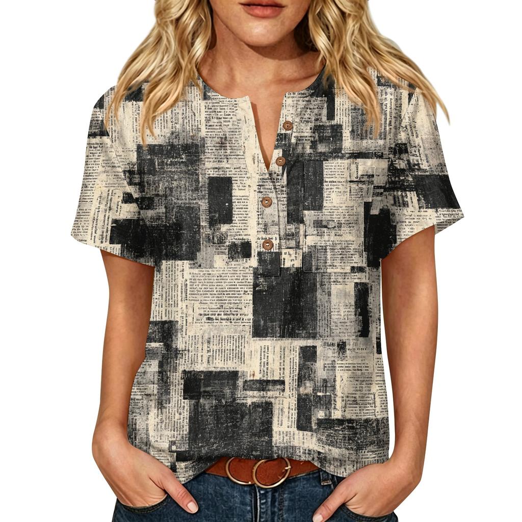 Damen Kurzarm Baumwoll-Leinenhemd mit Modischem Print Henley Knopfleiste und Brusttasche Lockerer Schnitt Lässiges Oberteil