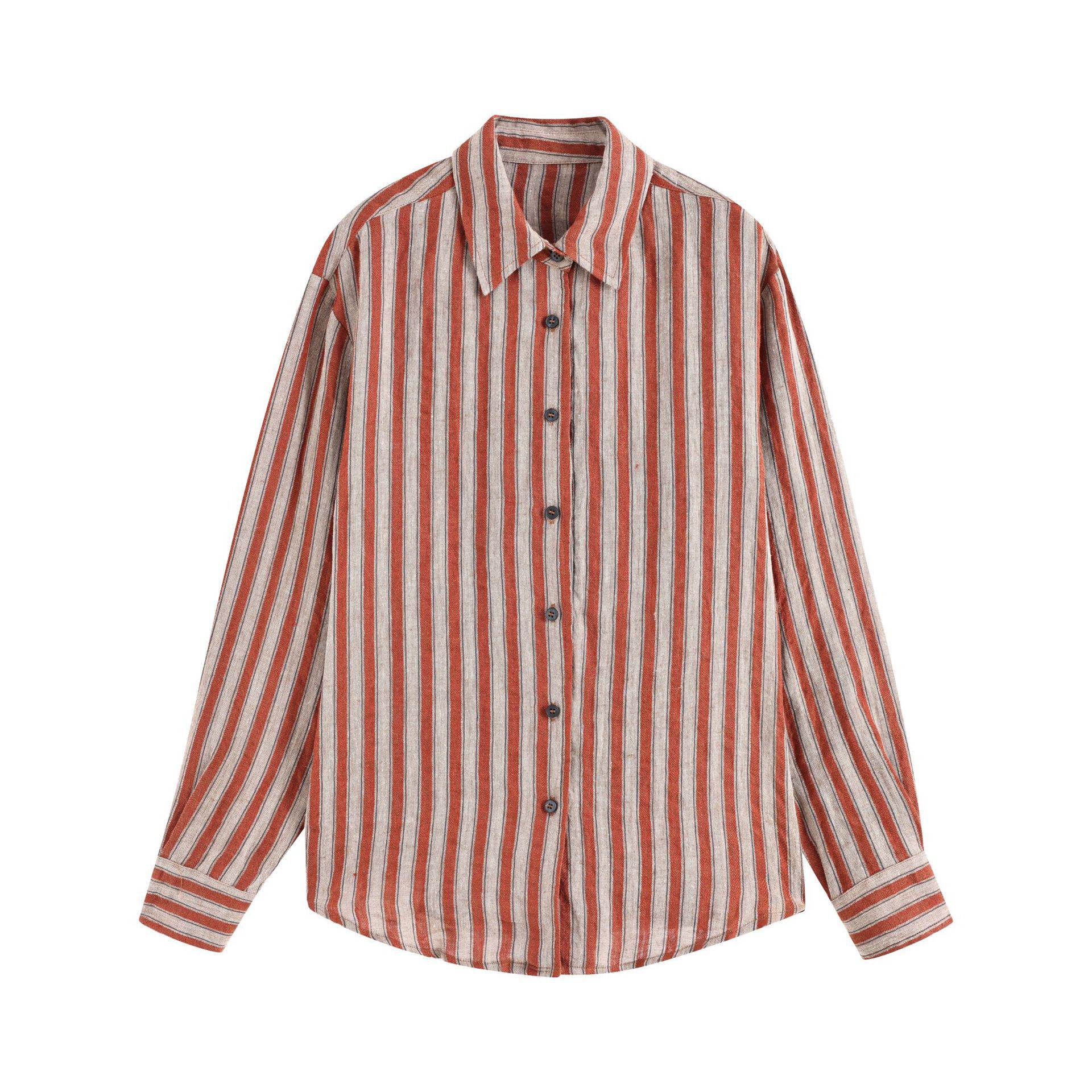 2025 Autumn/Winter Women s Japanese Retro Stripe Linen Polo Long Sleeve Shirt Large оранжевый