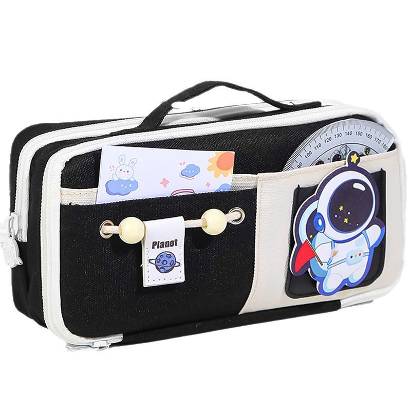Send Astronaut Velcro! Boys' Black Dirt-Resistant Pencil Case, Hand-Carry, Large Capacity, New 2025 Style.