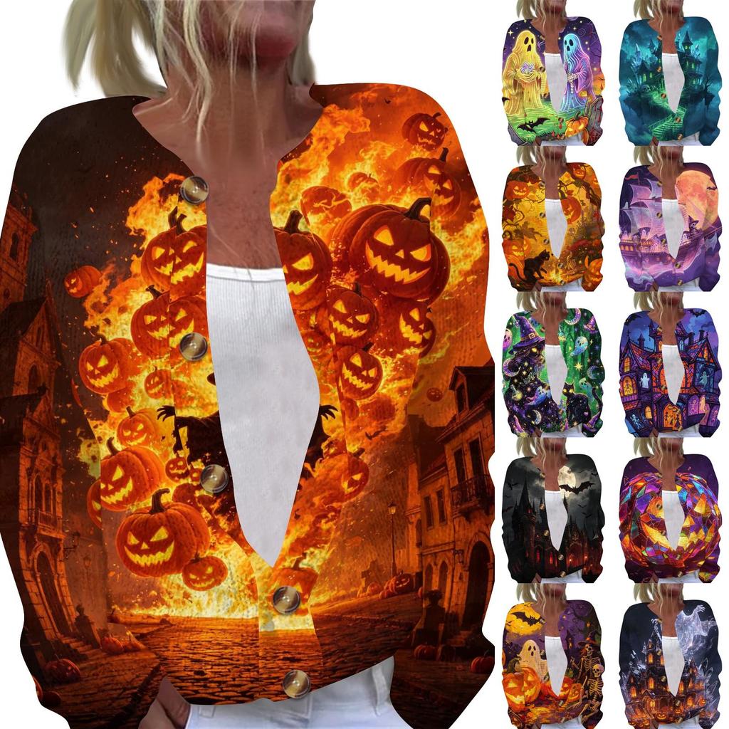 Womens Halloween Print Long Sleeve Knit Cardigan Button Up Sweater Coat Gothic Castle Bat Moon Design Outerwear