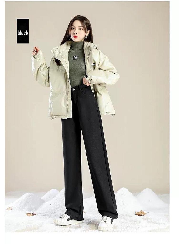 Schwarze und graue High-Waist-Jeans aus Samt mit weitem Bein für Damen – dick, warm und locker für Herbst und Winter