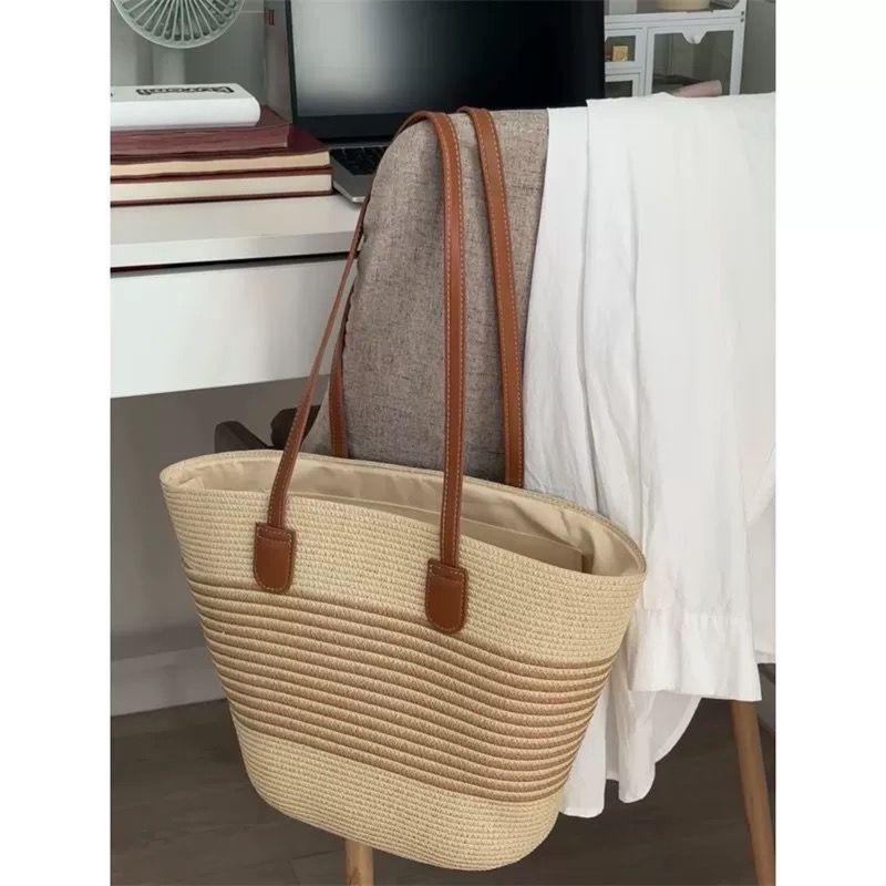 

Vegetable Basket Bags Women Large Capacity 2025 New Woven Commuter Bag Seaside Vacation Beach Bag Straw Woven Tote Bag Beige White