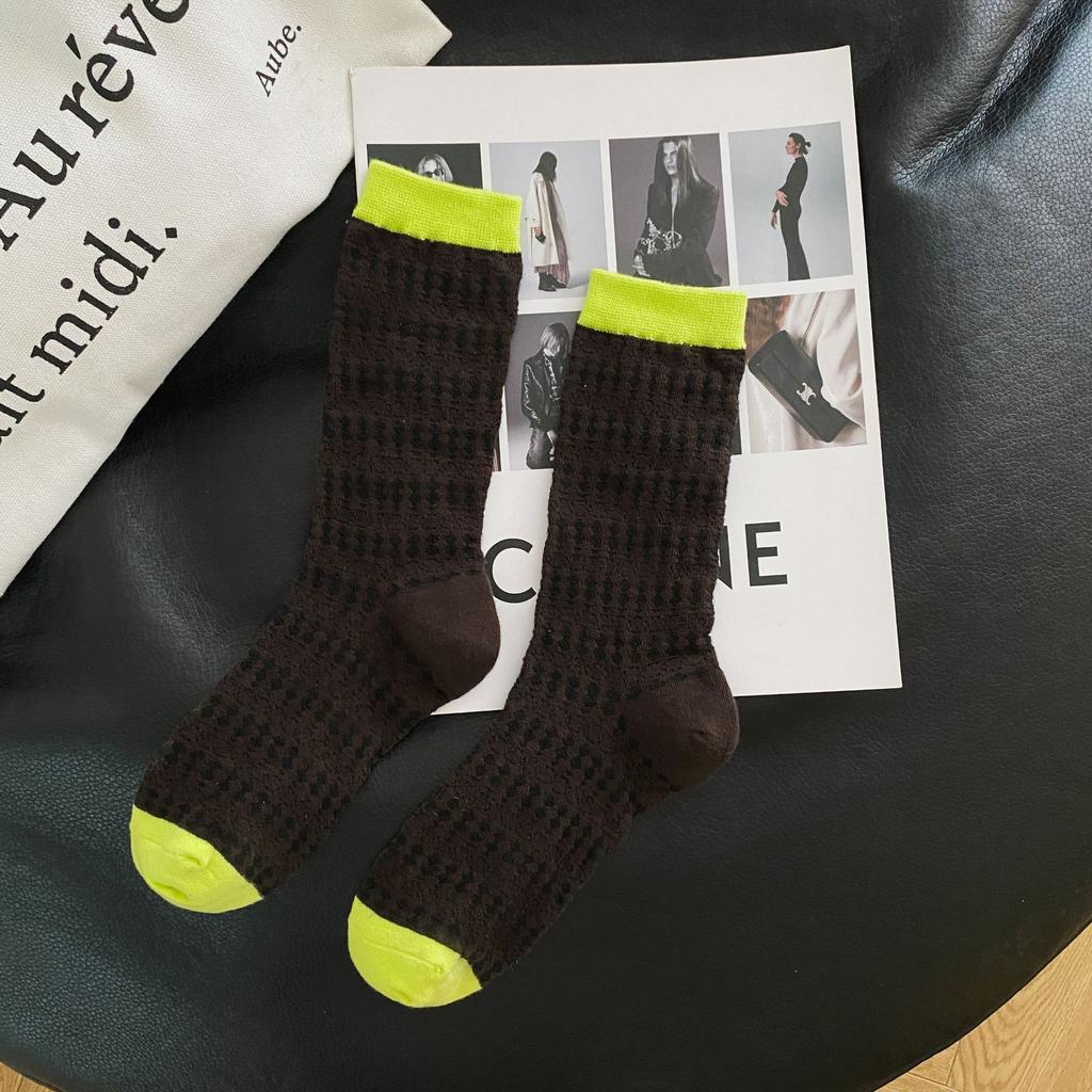 Xiaohongshu Same Summer Thin Mesh Breathable Cutout Socks Trendy Versatile Simple Contrasting Mid-Leg Socks