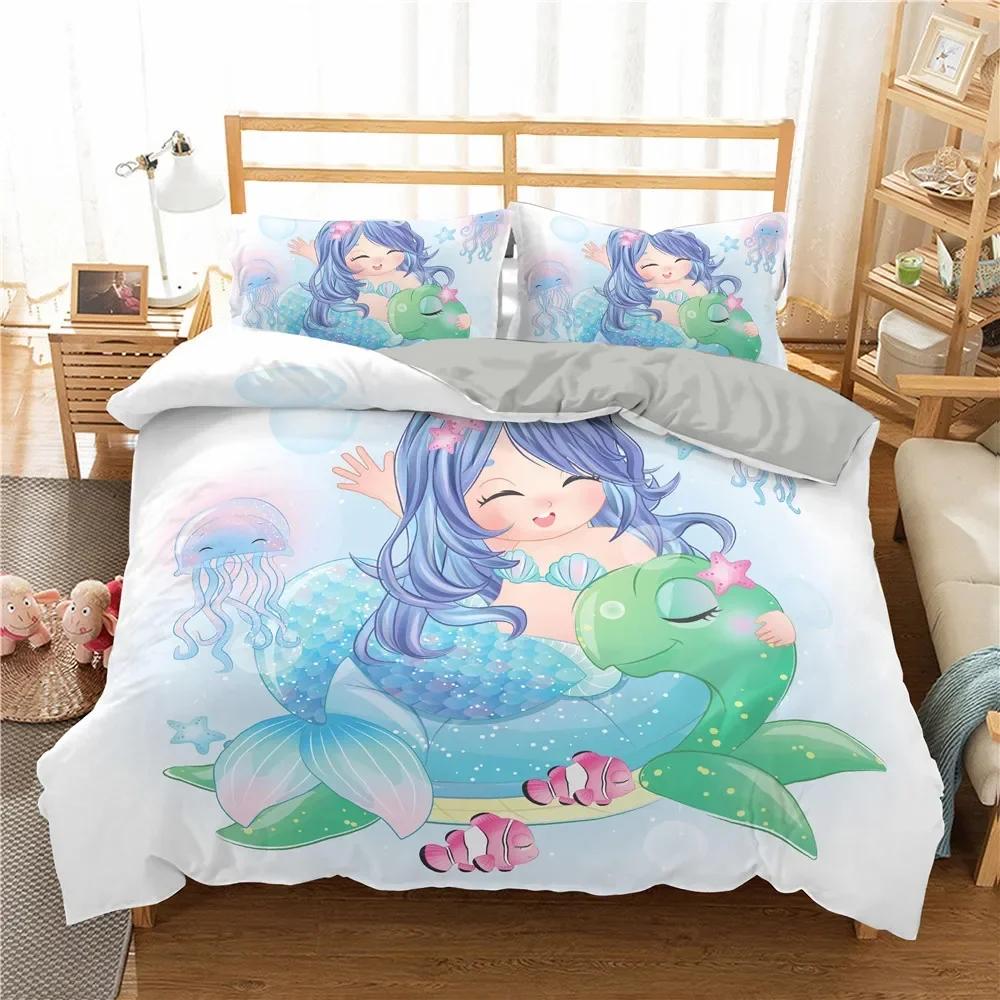Mermaid Underwater World Comfortable Duvet Quilt Cover Pillowcase Bedding Set Children Bedroom Decoration Home Textile
