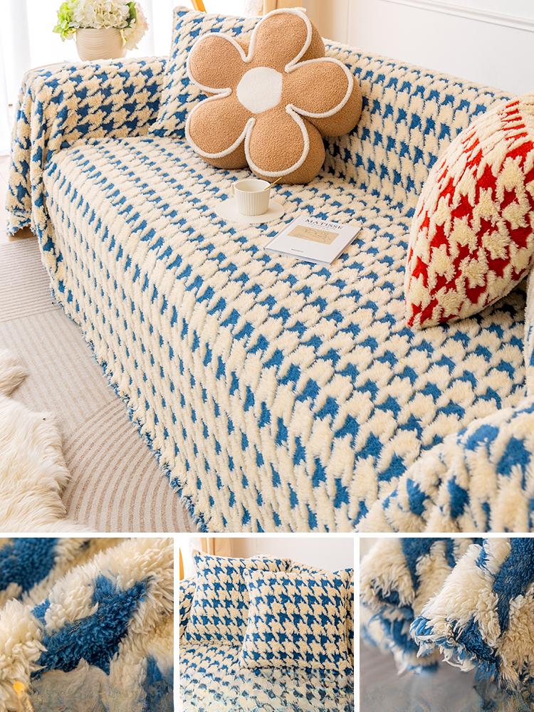 New Winter Lamb Velvet Sofa Cover Cloth Houndstooth Sofa Towel Full Cover Light Luxury Backrest Sofa Cover