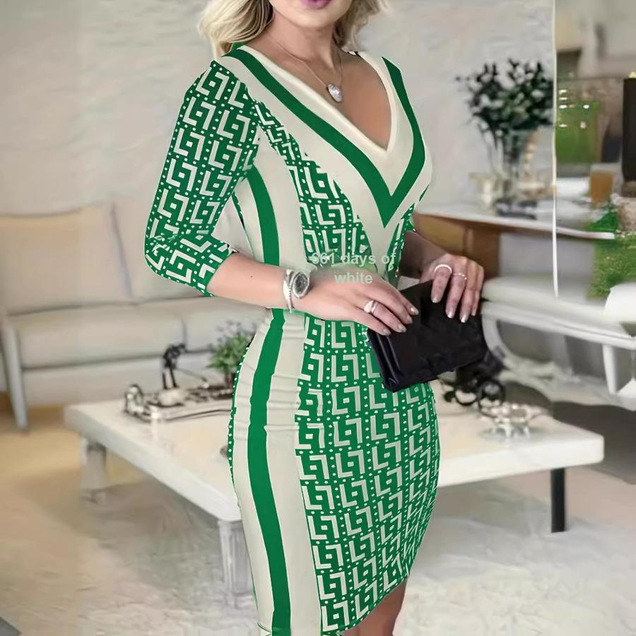 Fall Winter Women's Dresses Geometric Pattern Bodycon 7/8 Sleeve Mini Dress