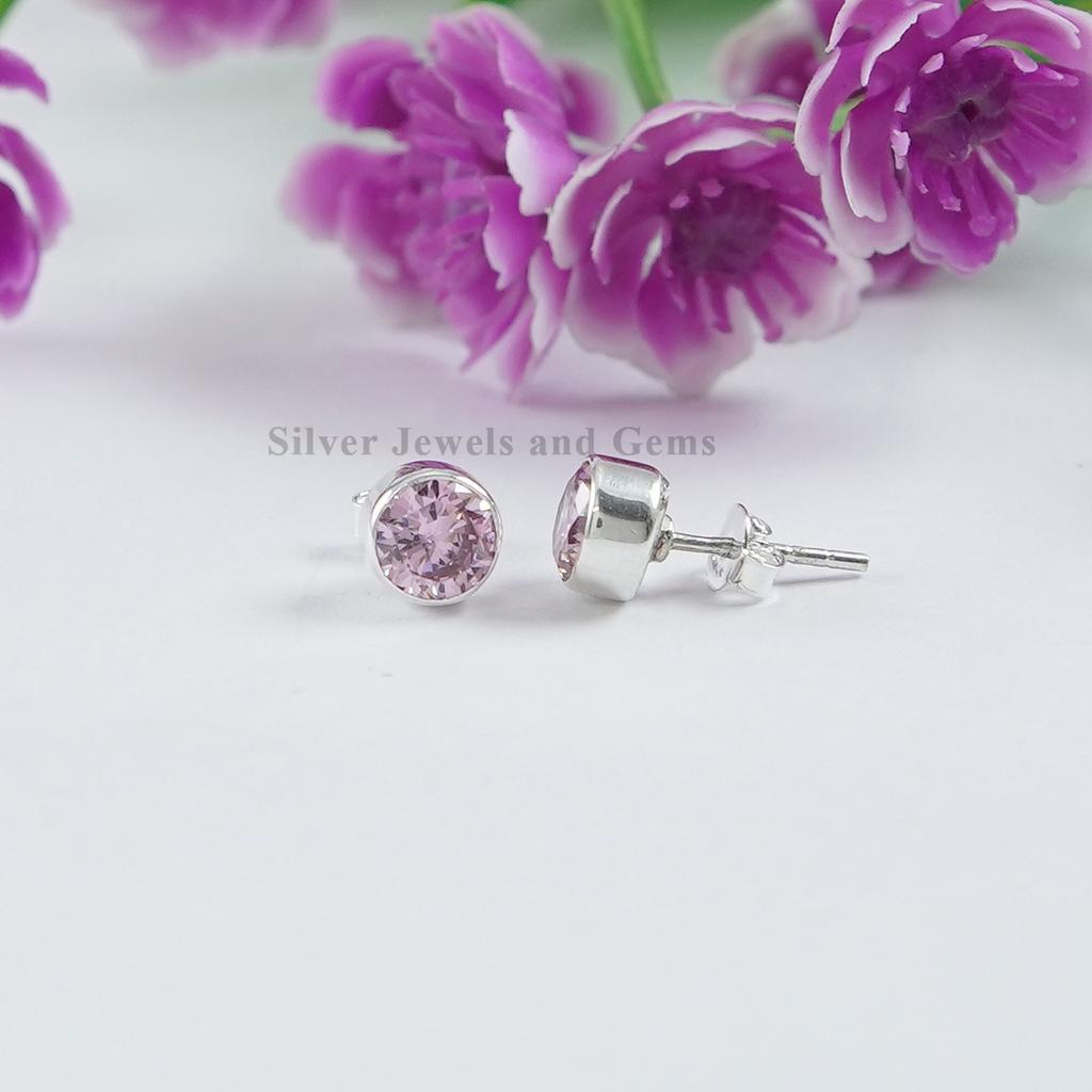 Pink CZ Stud Earrings, 925 Sterling Silver Earrings, Cubic Zirconia Stud Earrings, Gift for Her, Tiny Studs, Women Studs, Gemstone Studs